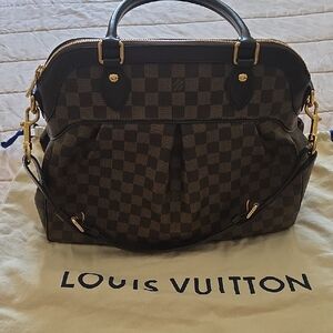 Louis Vuitton Brown Checkered Satchel with Gold Accents